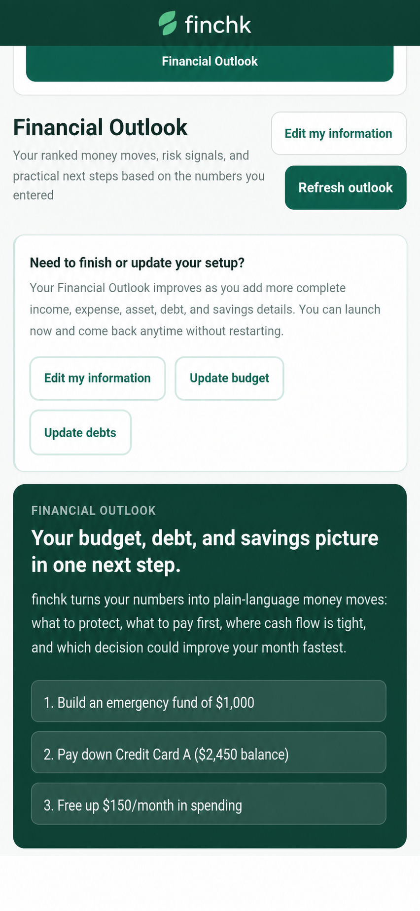 Finchk Financial Outlook screen with anonymized sample data